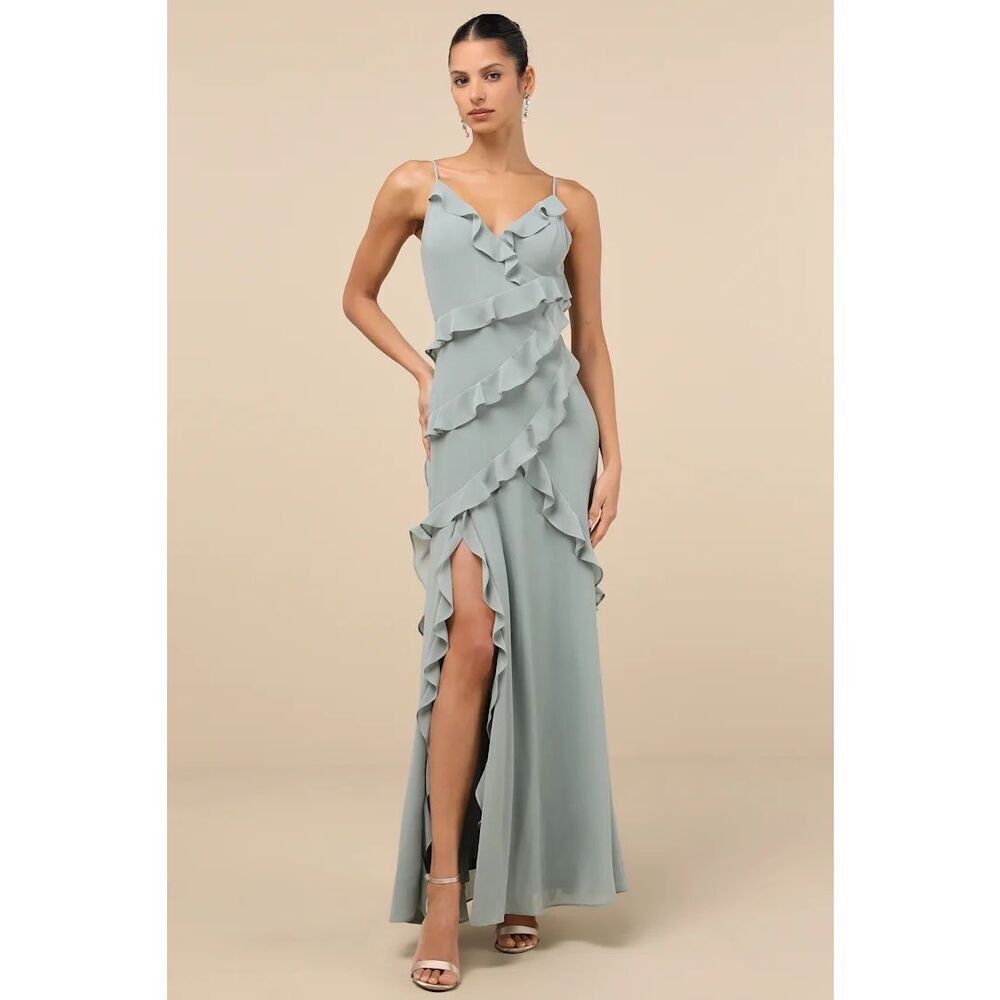 Lulus Fancy Sweetness Sage Green Ruffled Lace-Up Sleeveless Maxi Dress Sz M NWT